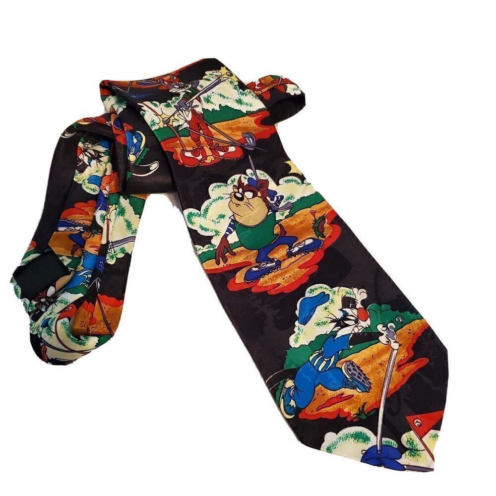 Looney‎ Tunes Golf Neck Tie Black Taz Sylvester Bugs Bunny Black Cartoon